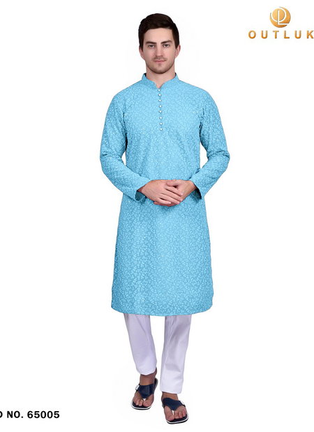Sky Blue Colour Outluk Vol 65 Heavy Wedding Wear Georgette Kurta Pajama Mens Collection 65005